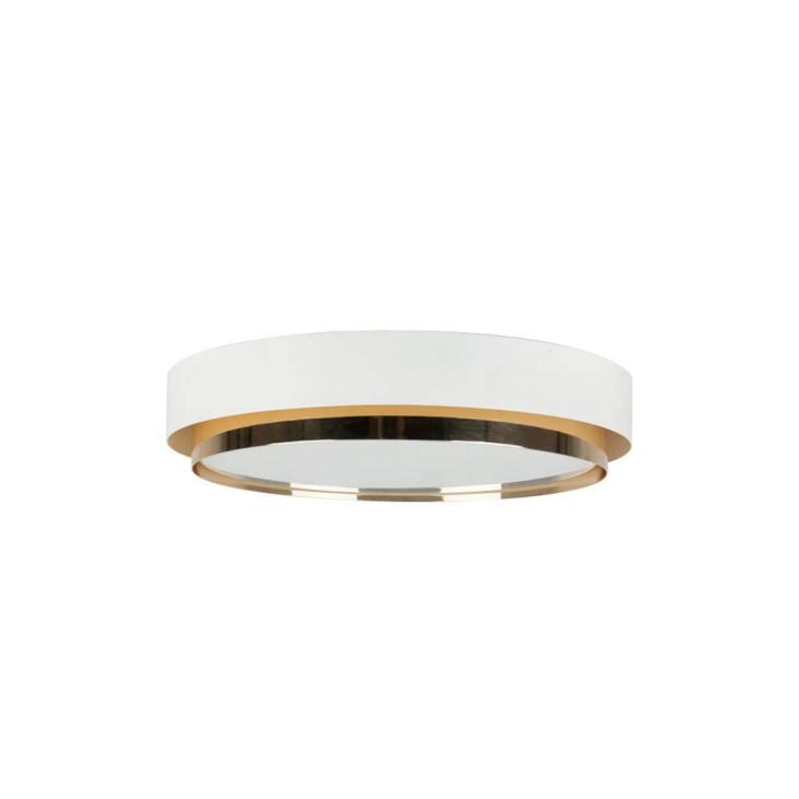 Plafonnier RING est un plafonnier circulaire en finition Blanc satiné et laiton qui en fait également un objet décoratif à part entière. Pièce circulaire en acier et diffuseur en verre blanc opalin.